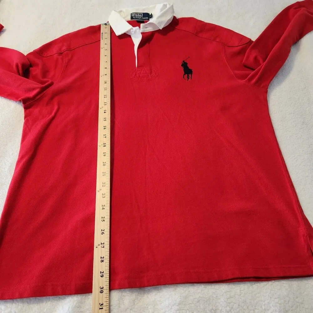Vintage Polo Ralph Lauren Mens Red Rugby Long Sleeve Shirt Big Pony Size L